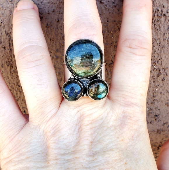 New Triple Labradorite 925 Silver Statement Ring. - Picture 13 of 15